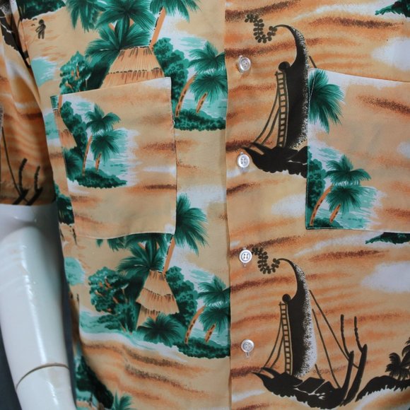 Vintage Hawaiian Shirt - Island and Tribal Pattern by Van Cort - Men's Medium - Picture 3 of 9